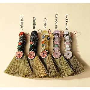 Chinese-style Five Elements Natural Crystal Stone Amulet with Small Broom Pendant for Living Room, Entryway, and Door Handle - Feng Shui Ornament