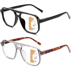 2 Pack Progressive Multifocus Reading Glasses Men Women Oversize XL - No Line Progressive Reader Half-Rim for Mid-Near