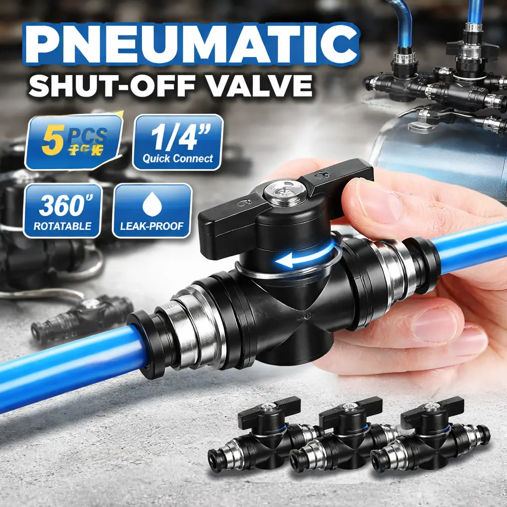 5-Pack In-Line 1/4" x 1/4" OD Push-to-Connect Pneumatic Ball Valve - PVC/PBT Air Flow Control Valve with Quick Install Fittings for Workshop Use, Air Lines, Pneumatic Tools (5 Pieces), Five Pieces, Plastic/Copper