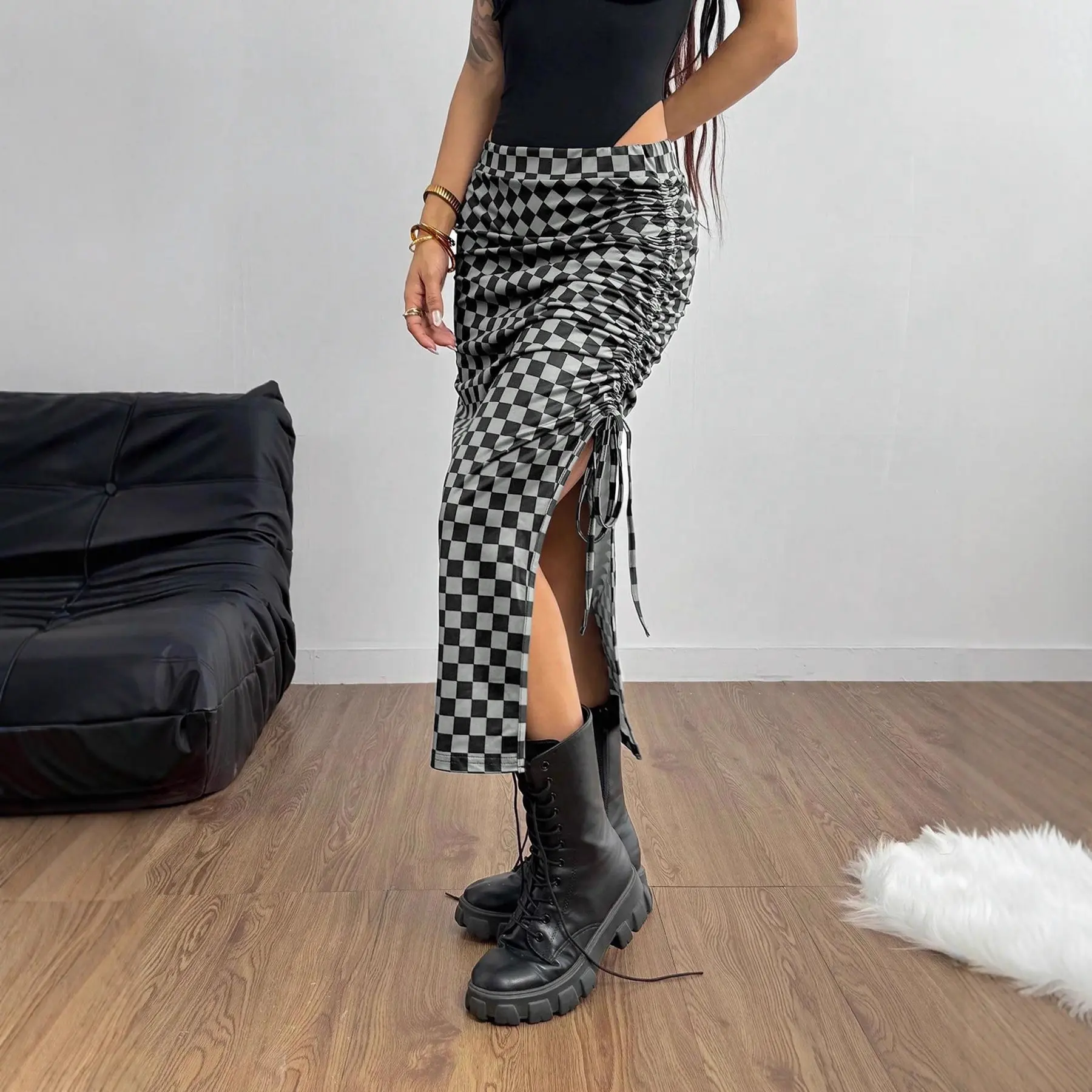 women's plaid side-slit slim-fit long skirt with contrasting colors flannel skirt