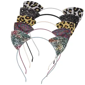 Halloween Leopard Sequin  Ears Headband,Glitter/Leopard Print  Ears,  ears Headbands Party Decoration for Girls and Women,Assorted Colors,One Size,Pack of 5(Multicolor)