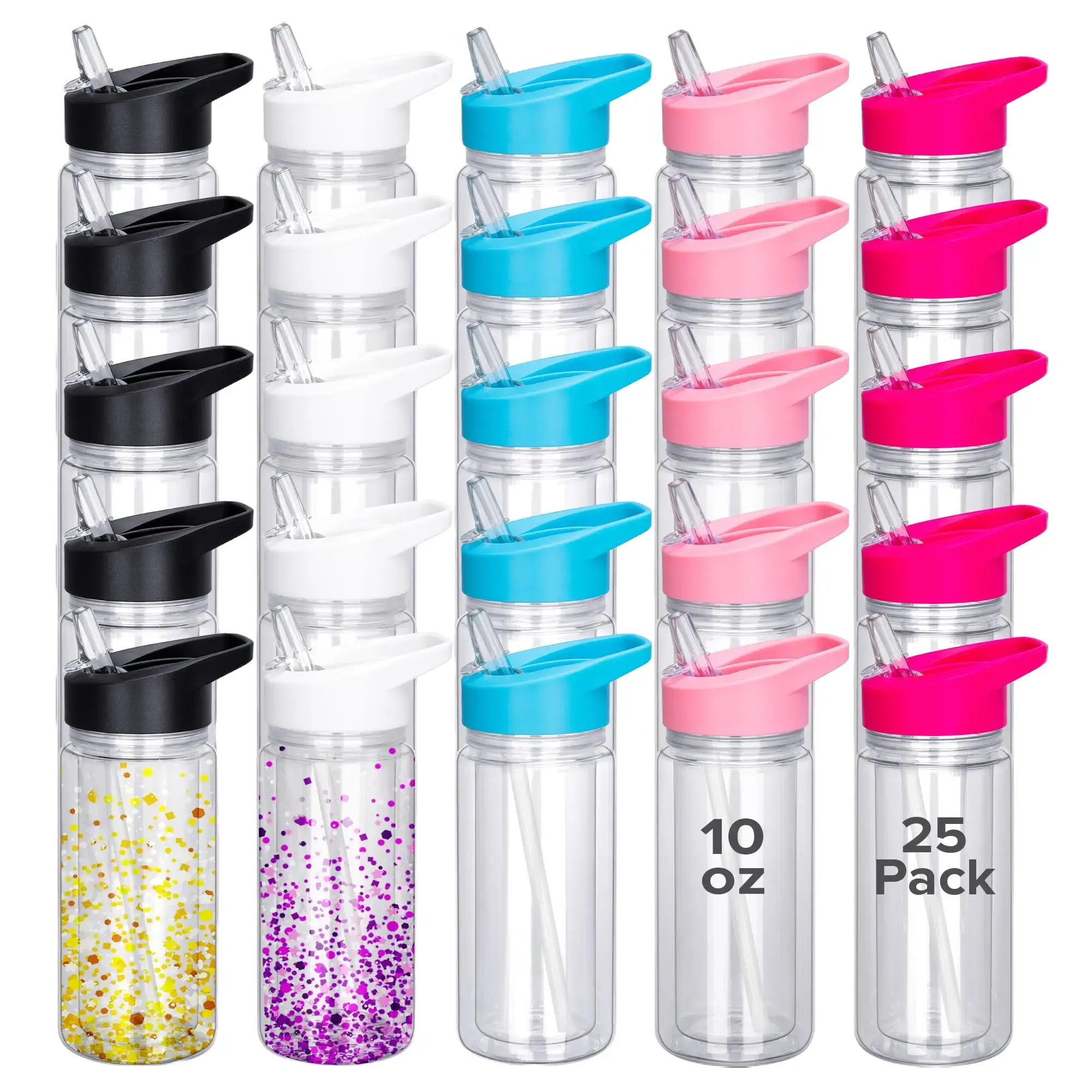 FASTSUB 10 oz Double Wall Design Acrylic Snow Globe Tumbler Set (25 Pieces) - BPA-Free, Food-Grade, Reusable, Compact, Portable, Washable, Assorted Color Sublimation Tumblers with Lids for UV DTF DIY Projects, Lid