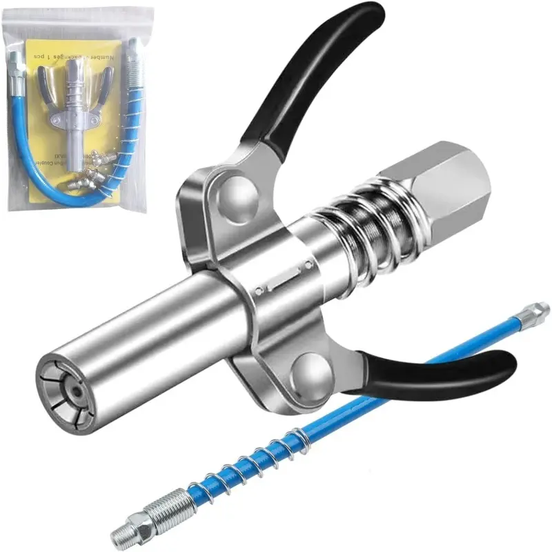Grease Gun Coupler, 12-Inch Flexible Grease Gun Hose Kit, 1-Pack | Quick-Release Double Handles and 6 Jaws Grip Zerk Fittings, Useful Grease Gun Accessories for Confined Equipment Areas