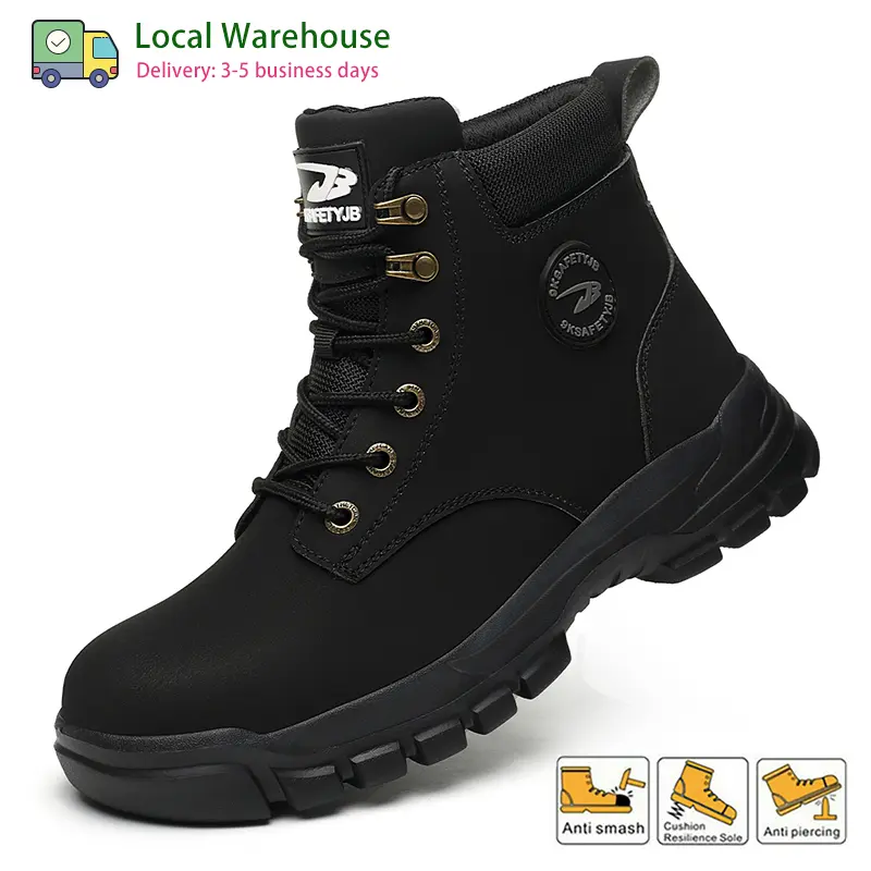 Men's Retro Round Toe Work Boots, Steel Toe Lace-up Safety Shoes in Leather & Mesh, Lightweight Water Resistant Walking Shoes for Outdoors, Laces, Impact Proof, Outdoor Wear, Ankle, Footwear, Closed, Men's Shoes
