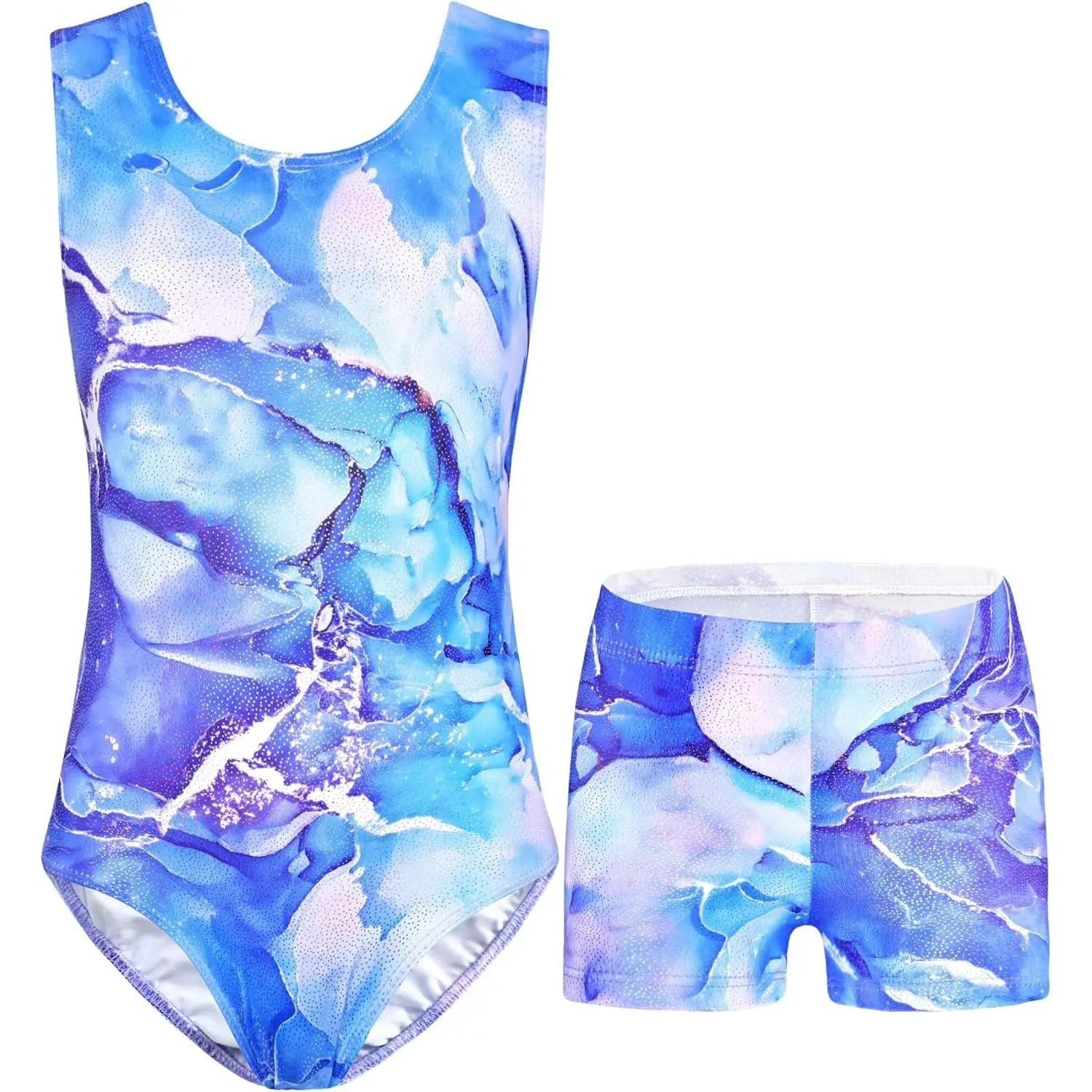 Girls' 2-Piece Graphic Gymnastics Leotard with Shiny, Breathable Shorts, Sleeveless Sparkly Outfit for Competition and Dance, Sleeveless Bodysuit, Sparkly Details