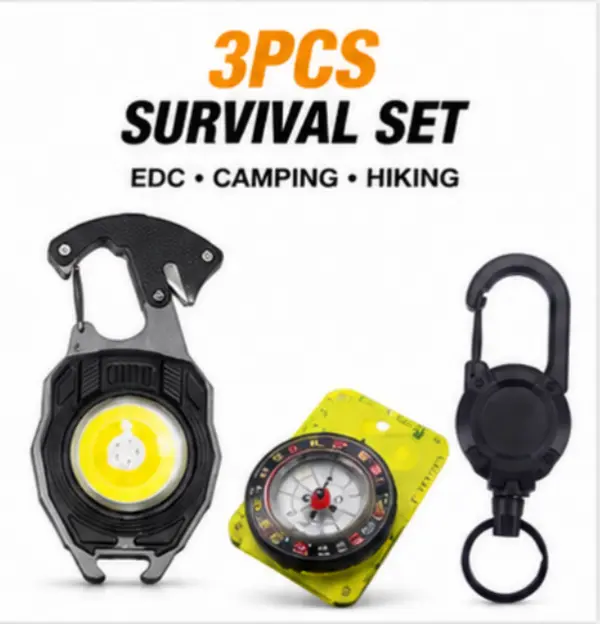 Outdoor multifunctional lighting compass set with retractable backpack clip, 3-piece