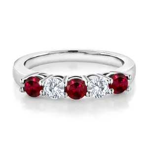 1.07 Cttw Red Created Ruby and White Moissanite 5-Stone Wedding Anniversary Band Ring For Women | 925 Sterling Silver | Wedding Engagement Anniversary Promise Ring For Women