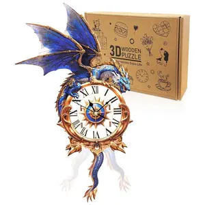Blue Dragon DIY Wooden Clock 3D Craft Kit, Interlocking Puzzle, Puzzle-Shaped 3-D Model, Puzzle-Shaped 3-D Puzzles