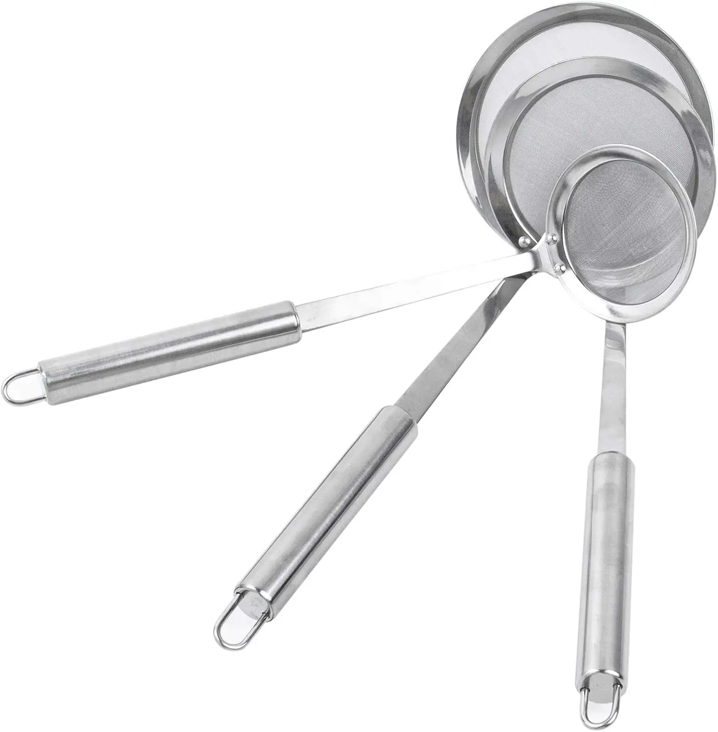 3Pcs Stainless Steel Fat Skimmer Utensils - Fine Mesh Oil Strainer, Hanging Slotted Spoon for Frying Grease & Gravy, Long Handle Hot Pot Skimmer (3-4-4.7in) Home Improvement Kitchenware, Grease Skimmer