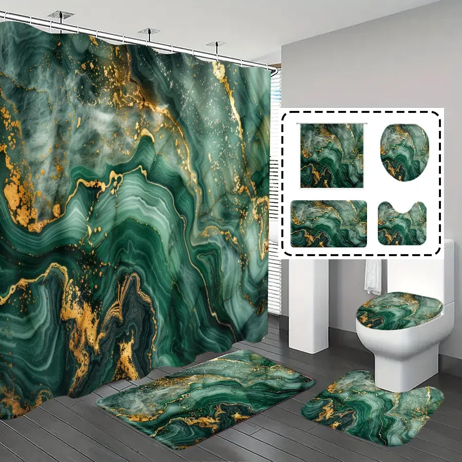 Bathroom Curtains Shower Curtain Sets, Marble Pattern Decor, Bohemian Style Bath Accessories, Includes Hooks & Rug, Shower Essentials, Boho Shower Curtain