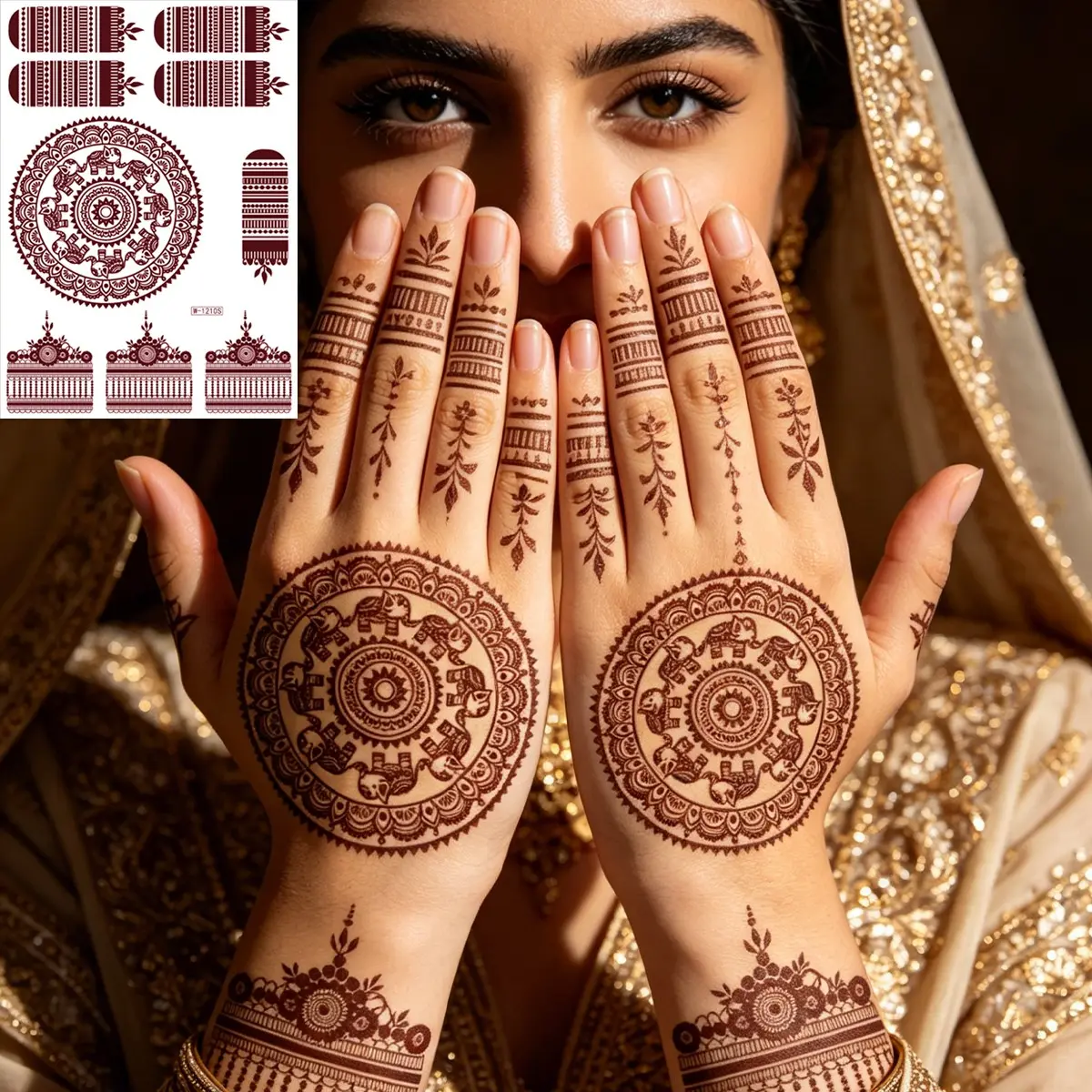Henna Temporary Tattoo Patch, Traditional Indian Mandala and Elephant Design, Waterproof Long-Lasting Hand Tattoo, Wedding and Festival Use, Henna Tattoo Stickers, Henna Designs