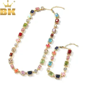 TBTK Iced Out Multicolor Green Blue Red Pink Black Gem Stone Enamel Cross Chain Necklace Big Gemstone Bracelet HipHop Jewelry