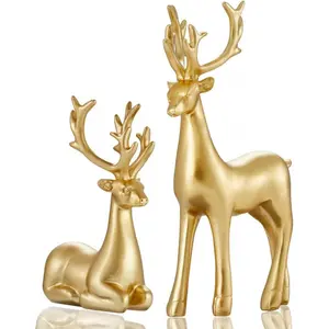 2Pcs Christmas Resin Deer Figurine, Sitting and Standing, Golden Reindeer Figurines. Perfect for Rustic Christmas Home Decor, Around The Dining Table, Fireplace or Bedroom (Gold)