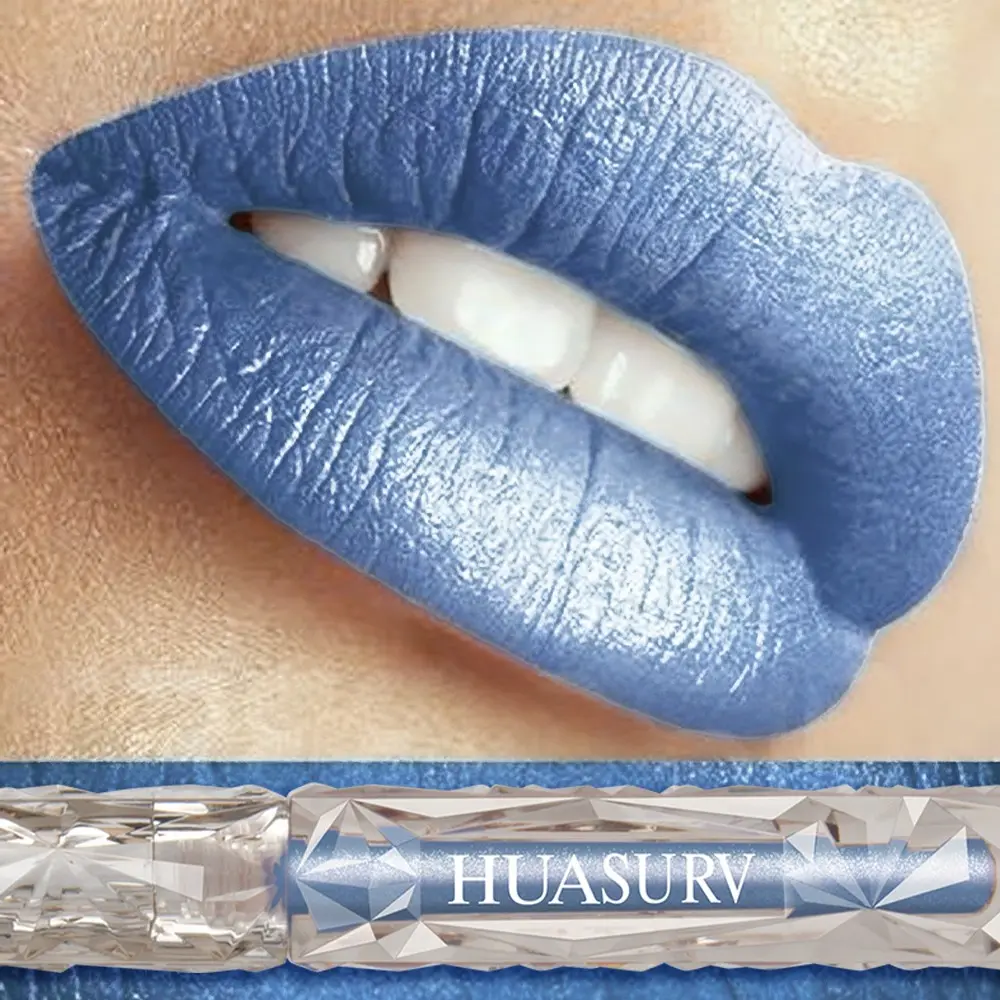 Huasurv Metal Ice Blue Lip Gloss, Glossy Lipstick, Glossy, High Saturation, Long-Lasting, Non-Drying, Ideal for Cosplay, Stage Makeup, Music Festivals