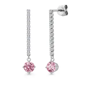 14K White Gold Pink Lab Grown Diamond and White Lab Grown Diamond Long Liner Dangle Earrings for Women | 1.36 Cttw | Gemstone April Birthstone | Round 5MM | White Gold Chain Drop Earrings
