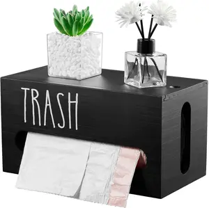 Trash Bag Dispenser Wooden Wall Mount Holder for 4-8 Gallon Bags Countertop Organizer Home Decor Under Kitchen Sink Storage Solution Black Gift