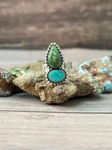 Handmade Sterling Silver Sonoran Mountain Turquoise with White Water Adjustable Ring "Signed Nizhoni"
