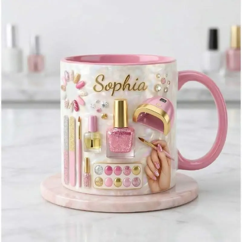 Custom Name Nail Faux 3D Accent Mug, Love Nail Coffee Mug, Nail Salon 2D Print Ceramic Cup, Gift for Her