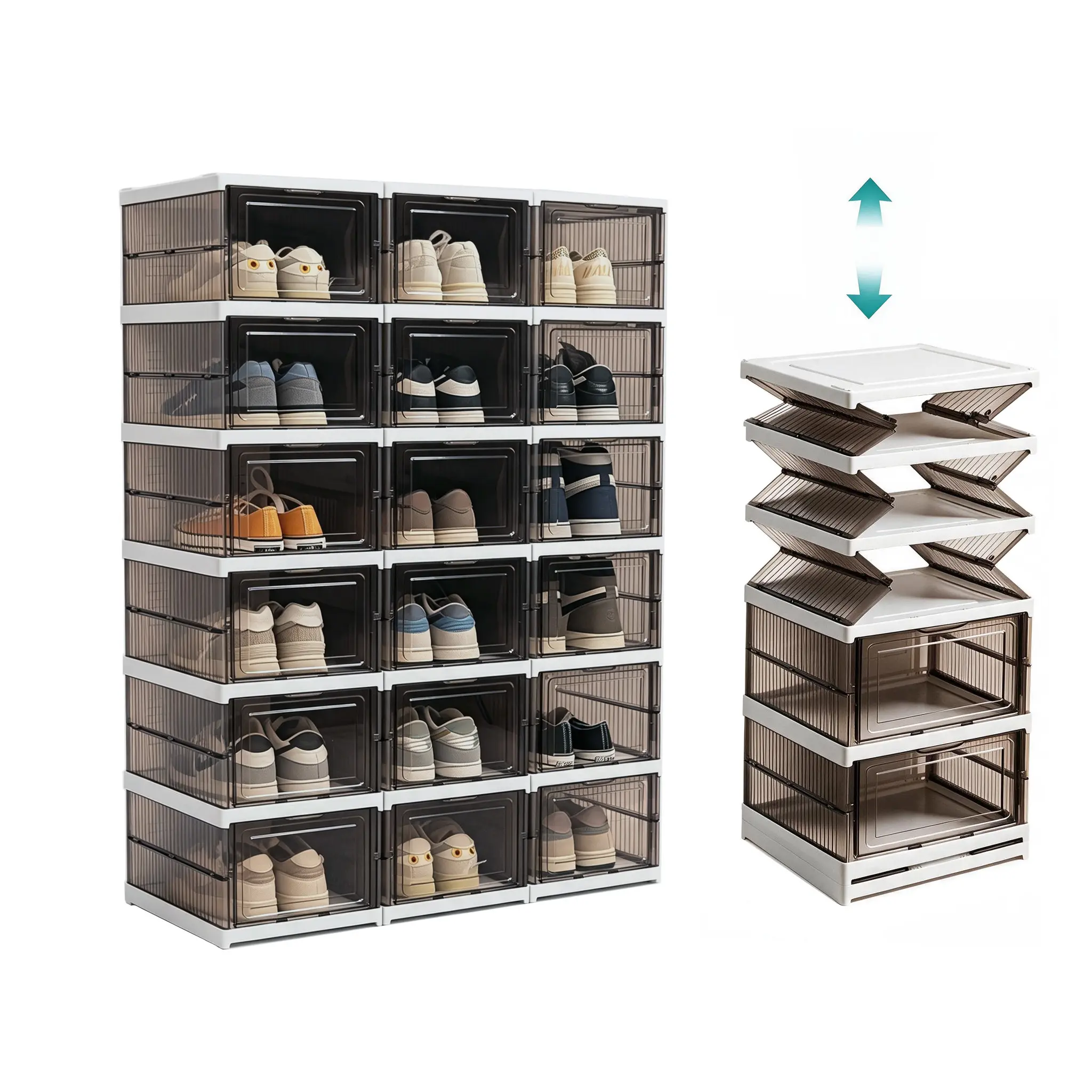 Clear 6-Tier Stackable Shoe Cabinet with Flip-Down Doors, Household Storage Bin, Ideal for Closets,Space-Saving, Breathable & Dustproof Storage Shelf Unit,  Entryways & Bedrooms