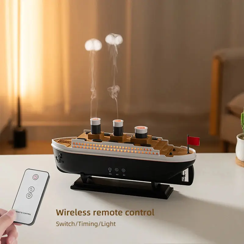 Titanic Ship Model Air Humidifier - 250 ml Alcohol-Free ABS Essential Oil Diffuser, 5W, Remote Control, 4h & 8h Timers, Ambient LED Lights, Quiet Operation, Jellyfish Smoke Ring Mist Effect, Sleep Aid, 30*14.1*7.1cm, 490g for Home Decor, Office Use, Diffu