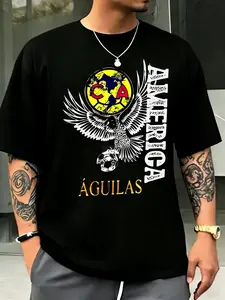 Mexico America Club Eagle Fitted Short Sleeve T-Shirt, Team Badge Graphic Tee, Football Fanwear for Game Day, Casual Streetwear Summer
