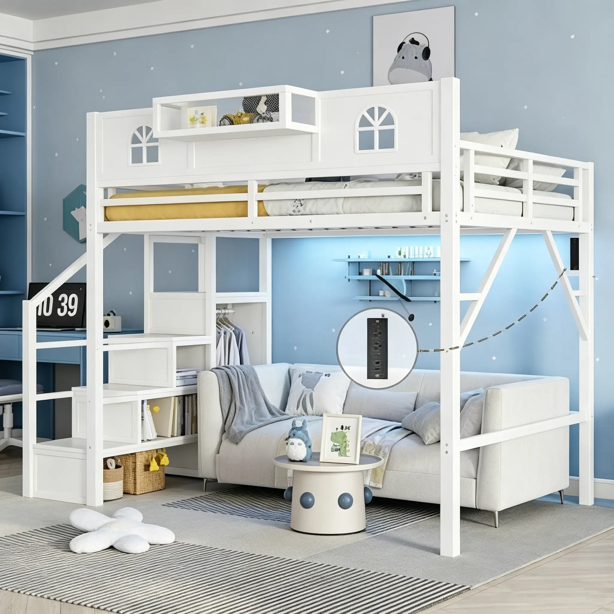 Black + Metal Full-Size House-Shaped Loft Bed for Kids & Teens, Extra High Guardrails, Stairs, Built-In Wardrobe, USB Charging, Remote LED Lights, Secure Stable Frame, Contemporary French Country Finish, 54.1-Inch Clearance for Flexible Space