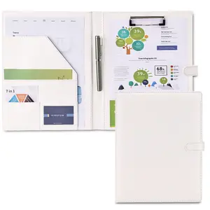 KINGFOM Professional Business Padfolio Clipboard Folder Portfolio PU Leather Clipboard Organizer with Cover for Legal Pad Holder Letter Size Resume Document Portfolio Folder for Men Women White