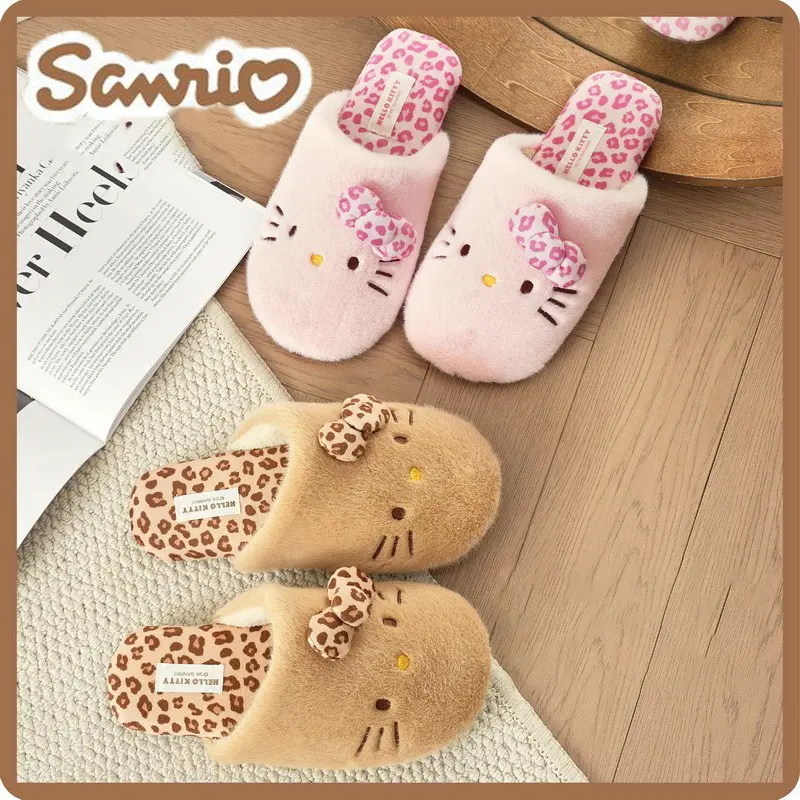 Sanrio's new fashionable leopard print cotton slippers for women's Hello Kitty home soft soled slippers for winter warmth