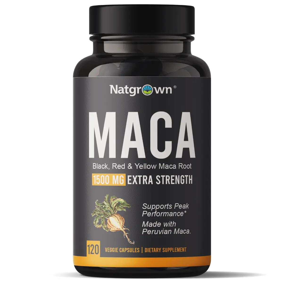 Natgrown Organic Maca Root Capsules 1500 mg | Peruvian Red, Yellow & Black Maca | Gluten Free | 120 Capsules