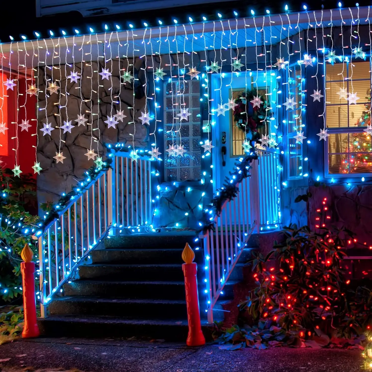 40ft Connectable Snowflake Icicle LED Lights (10-15m), 360 Dual-Color LEDs with Warm White Lines, Remote Control, 8 Modes, Timer & Memory Function, Waterproof Outdoor Christmas Garden Decor (Sports & Outdoor Accessories), Gardens