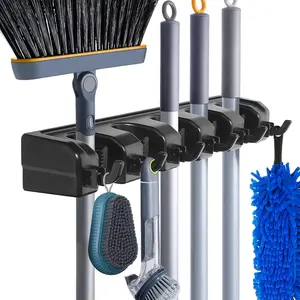 Wall Mounted Broom Holder, 1 Count Wall Mounted Mop Storage Rack, Garage Laundry Room Organizations and Storage with Hooks, Space Saving Organizer, Space Saver Organizer