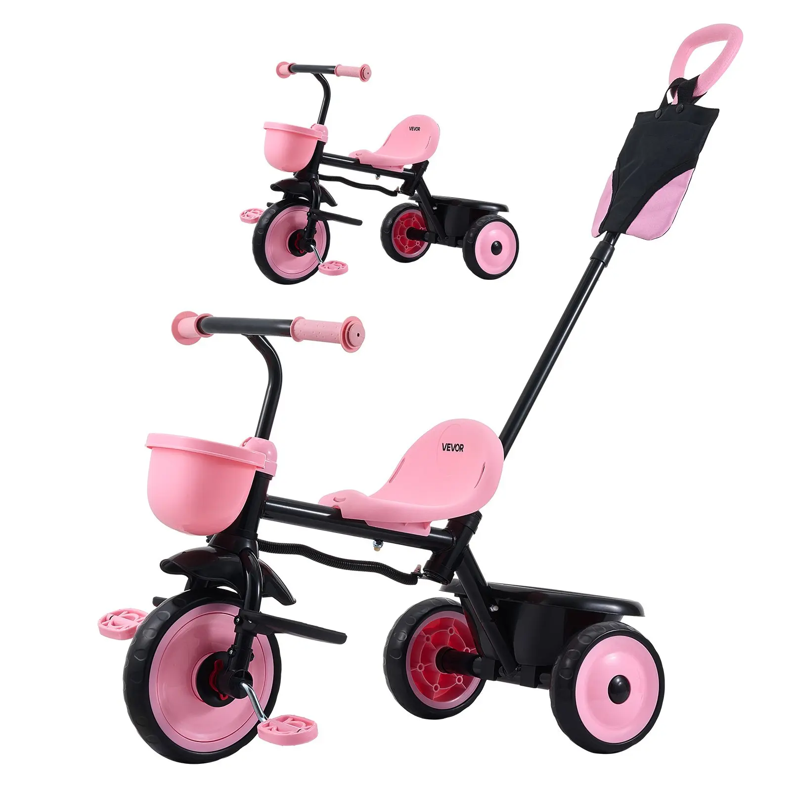 VEVOR Convertible Unisex Toddler Tricycle-Stroller (18m to 5 Years, 9 Lbs/4.3 Kg), Oxford Fabric Kids Trike with Quiet Parent Push Handle, Adjustable Seat & Storage for Outdoor Play, Birthday Toy