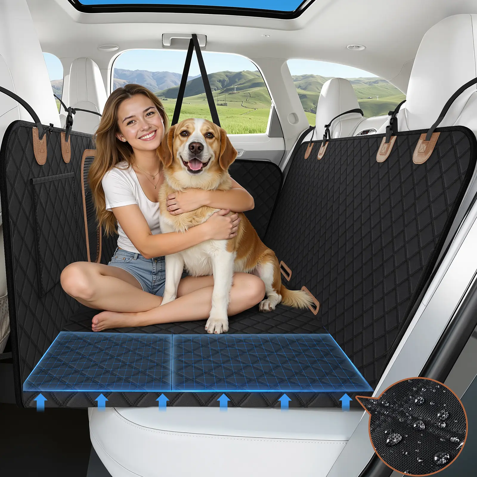 SHareconn 600D Heavy Duty Dog Car Back Seat Cover - 2026 Upgraded Hard Honeycomb Bottom, 600lbs Capacity, Waterproof, Scratch-Proof, Nonslip Hammock with Zipper, Seat Belt, Hook and Loop, Metal Parts, Plain, Mesh Window View for SUV, Vacuum-Compatible