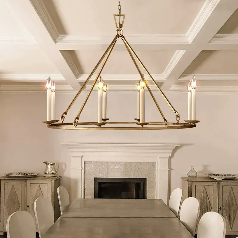 Homary 8-Bulb Round Rustic Vintage Brass AC-Powered Hanging Chandelier - 35.4"dia x 29.5"h, 3-Height Adjustable, Chain-Included, 40W Per Bulb, Decorative Lighting with Ambient & Candle Light Vibes for Dining Room, Kitchens, Ambient Light