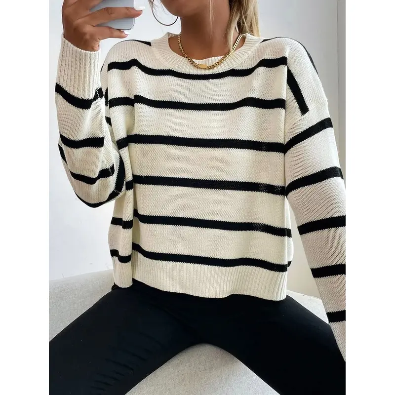 Women's sporty casual round-neck black and white striped college-style sweater pullover, long-sleeved knitted pullover for autumn and winter