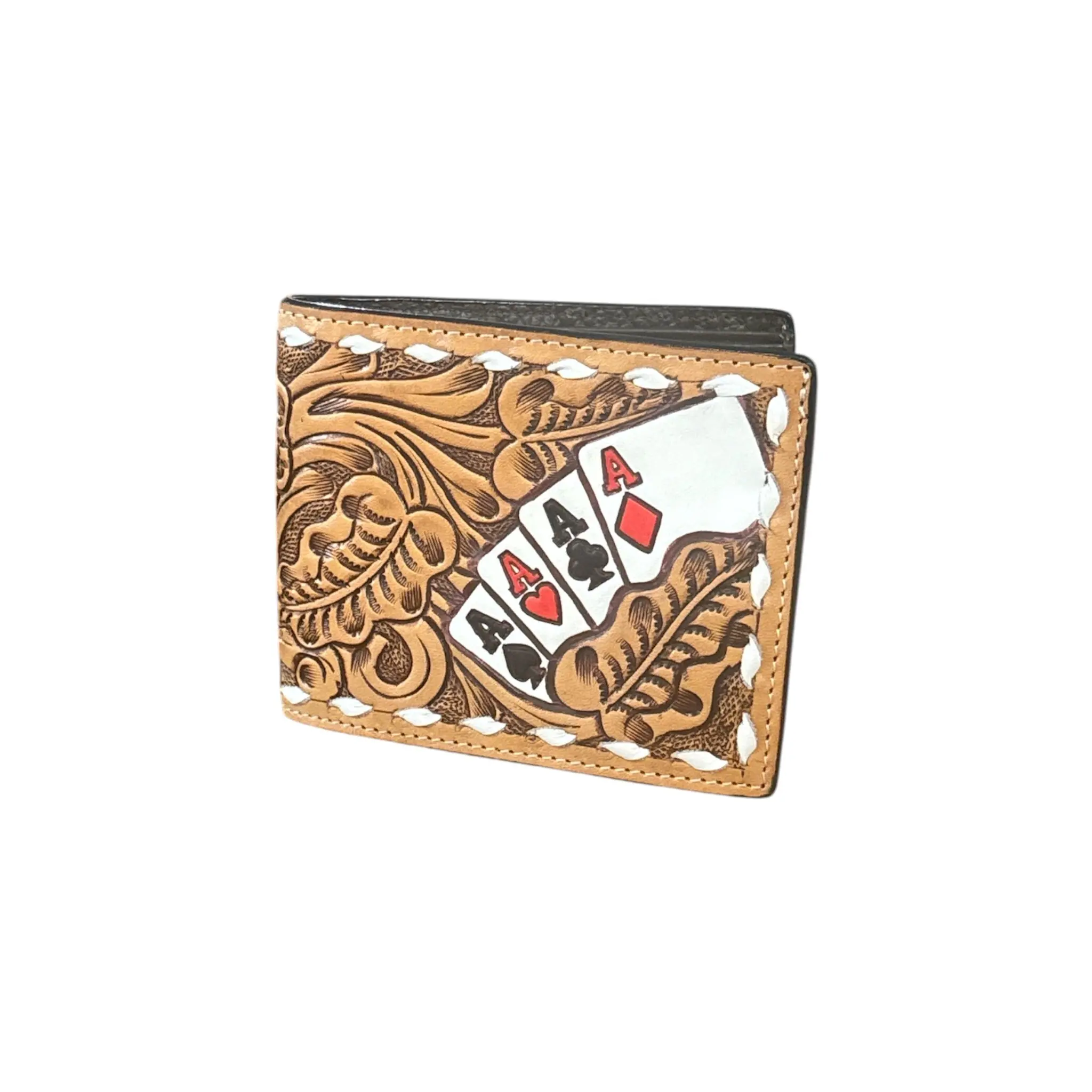 3D Belt Company Artisan Western-Themed Cowboy Men’s Hand-Painted Ace Inlay Durable Bifold Wallet - Genuine Leather, Stylish, with Card Slots