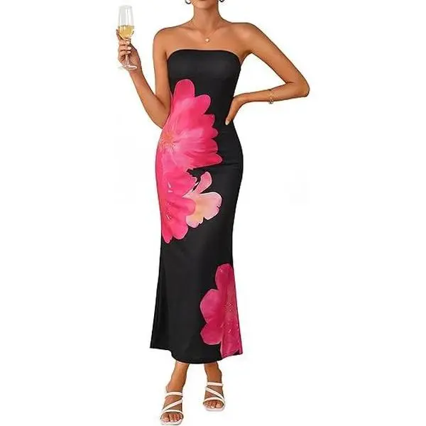 ZESICA Womens Summer Floral Bodycon Maxi Dress 2026 Formal Off Shoulder Strapless Cocktail Wedding Guest Beach Party Dresses
