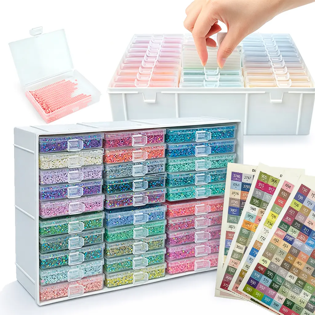 Transparent Plastic Multi-Drawer Labeled Bead Storage Organizer with Label Stickers, Drills Crafting Box for DIY Needlework Toys & Hobbies
