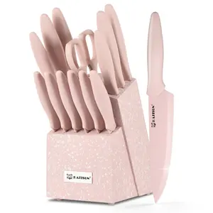 14-Pieces Pink Carbon Stainless Steel Kitche Knife Set with Wooden Block and Scissor