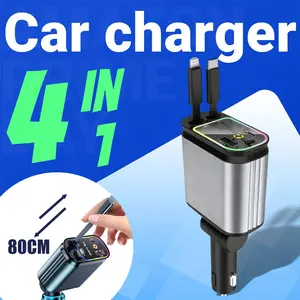 1 Starry Sky 4-in-1 Car Charger, with dual 31-inch retractable cables, fast charging USB Type-C and USB ports, maximum 36V, tangle-free, rechargeable polymer battery, ambient light and starry sky projection.
