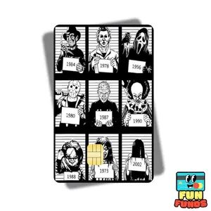 Horror Mug Shots Credit Card Skin - Vinyl Sticker for debit cards, Waterproof, Glossy or Holographic - Easy to apply funny card sticker credit card 90s
