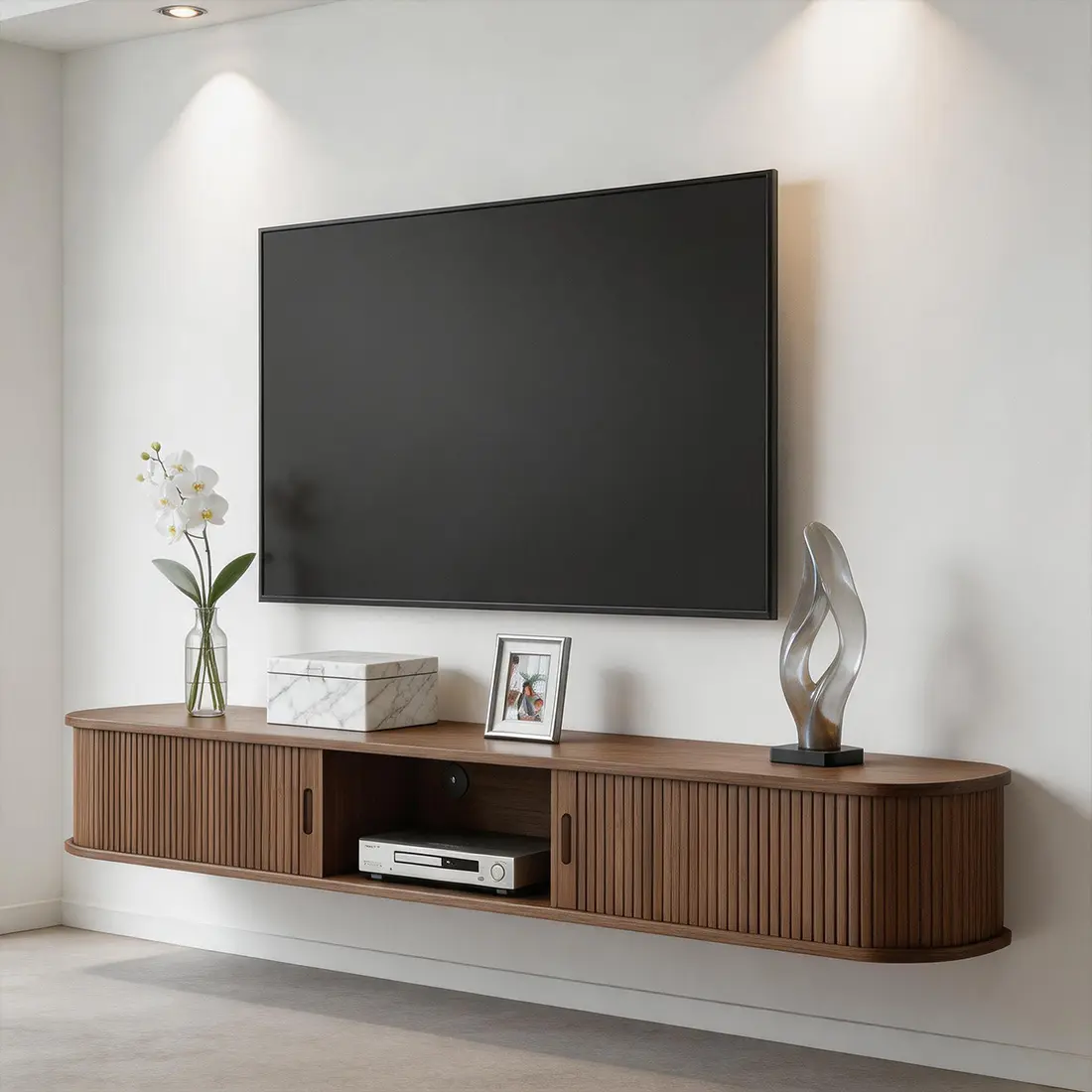 Floating TV Stand with Doors, 63'' Floating TV Shelf for TVs up to 80", 2 Tier Wall Mounted TV Stand, Floating Entertainment Center, TV Floating Cabinet for Living Room, Bedroom Wooden Tv Console