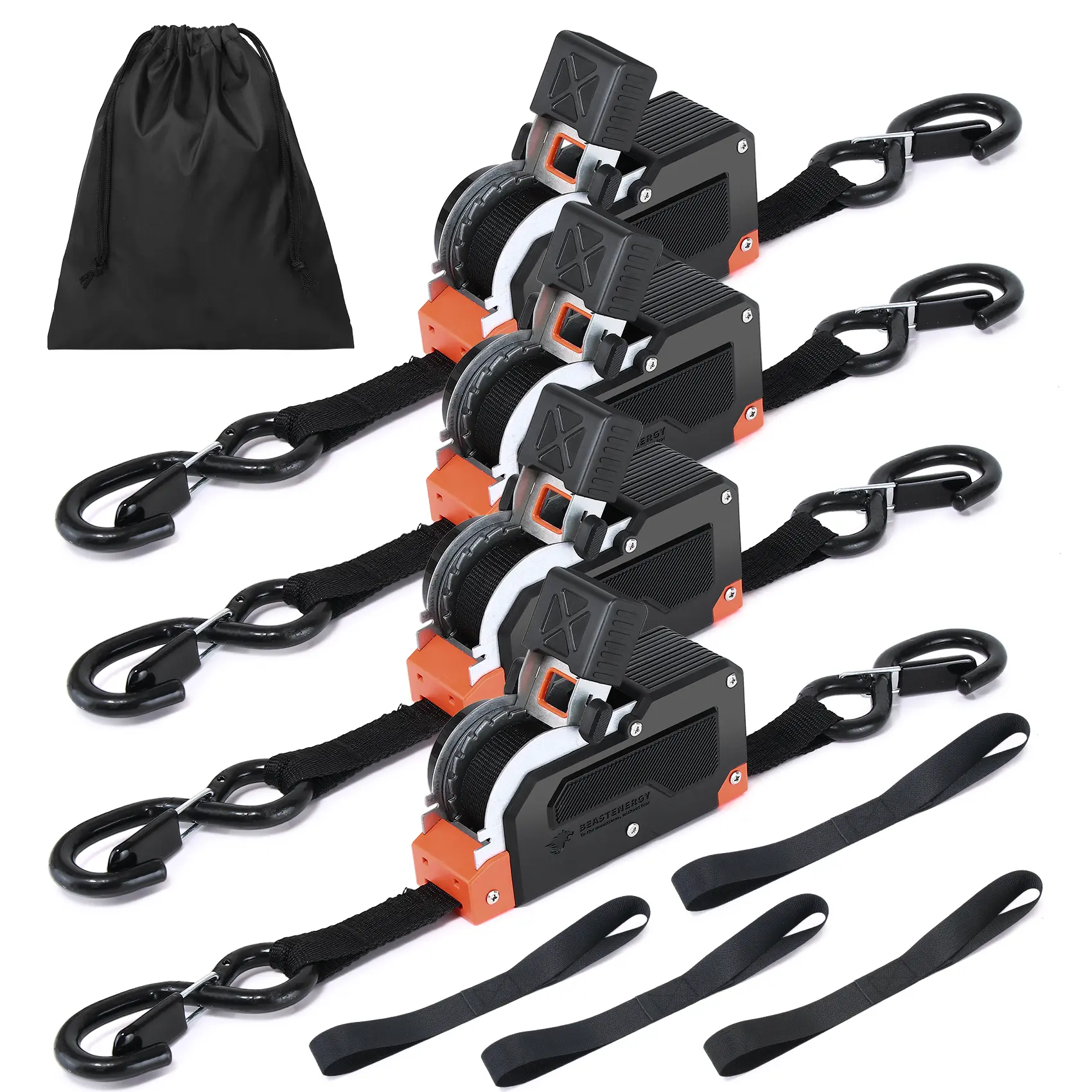 1” x 20” Retractable Ratchet Straps – Slide-Anywhere Ratchet, Heavy-Duty No-Tangle Tie Downs with Locking S-Hooks for Motorcycles, Kayaks, Boats & ATVs