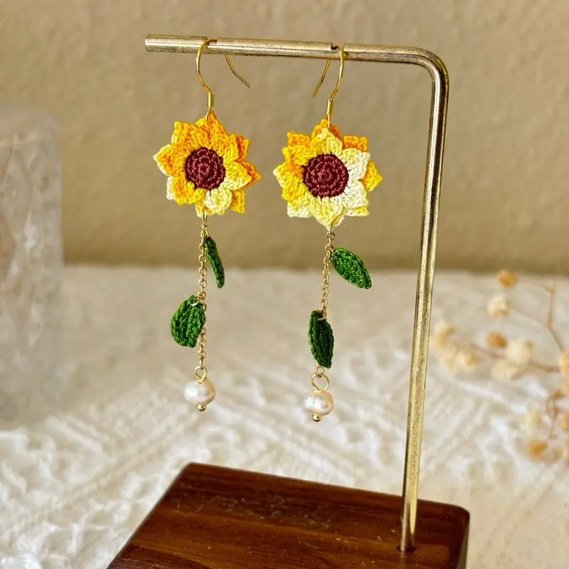 Micro Crochet Sunflower Earrings with Pearl Accents Handcrafted Floral Design Yellow & Green Color Scheme