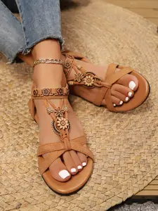 Summer Bohemian Floral Sandals, Outdoor Flat Toe Women's Shoes, Vintage Ethnic Style Roman Flats, PU Material, Rubber Sole