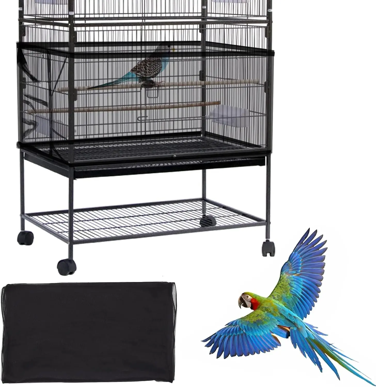 Large Bird Cage Cover & Seed Catcher - Adjustable Soft Airy Nylon Mesh Net Skirt, Anti-Spill Parrot Accessories, Fits Most Round/Square Cages for Parrots Macaws (Black)