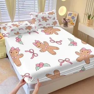 Christmas Gingerbread Man Fitted Sheet Set, 1 Fitted Sheet and 2 Pillowcases, Pink Ribbon, Holly Berry Pattern, Festive Atmosphere Bedding, Soft Breathable Fabric, Gift Giving or Bedroom Decor