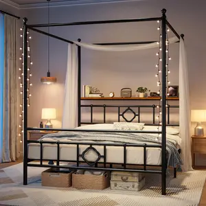 Raybee Full/Queen Size Canopy Bed Frame with Storage Shelf on Headbaord, Dual Purpose Four Poster Bed with Removable Poles, 4-Leaf Clover Pattern, Noise Free Mute Sponge, 880lbs Capacity & Underbed Storage, Twin, Black, White for Teens, Dorms, Apartment