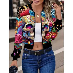 Vintage Skull Print Casual Long Sleeve Bomber Jacket - Women's Zip-Up Outerwear for Fall/Winter