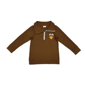Boys' Thanksgiving Pullover, Brown Long Sleeve Casual Soft Shirt with Embroidered Turkey Applique for Kids